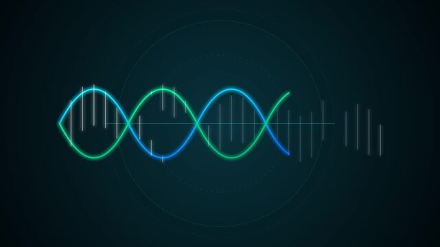 Digital 4K animation featuring a glowing blue and green stylized DNA double helix integrated with vertical white data bar graphs and faint circular HUD elements on dark background.