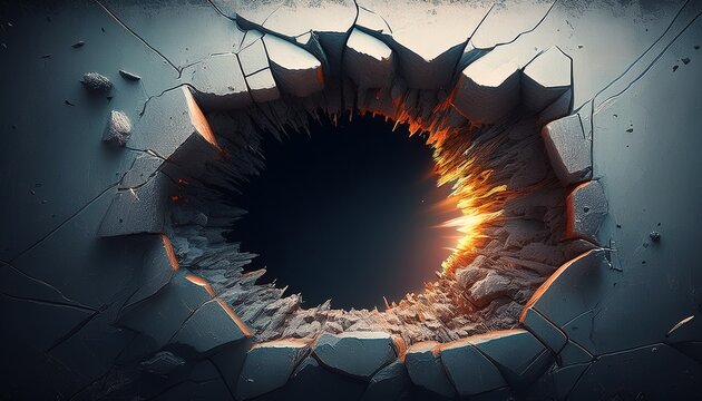 a large jagged hole pierces a cracked concrete wall revealing an empty void