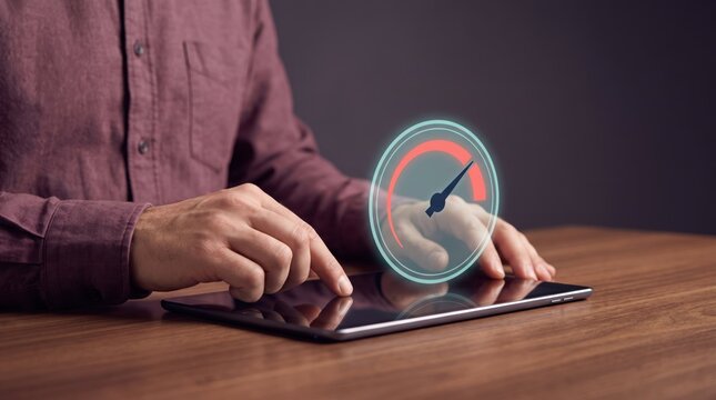 Man using tablet with speedometer loading icon on screen
