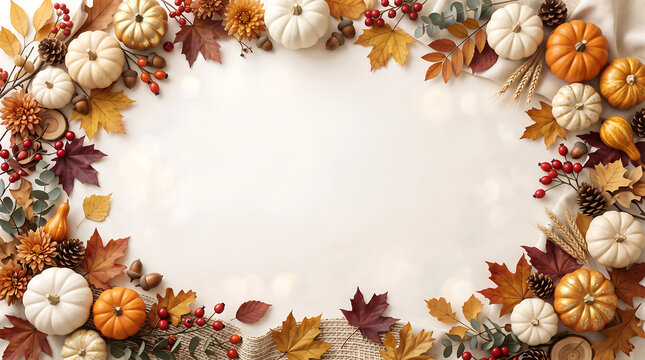 Autumn harvest frame with pumpkins and colorful fall leaves