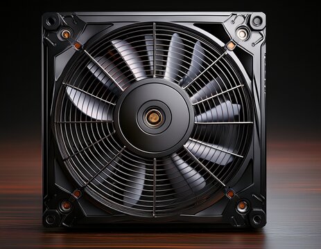 a computer cooling fan in a square frame black color designed for airflow and temperature regulation inside electronic devices