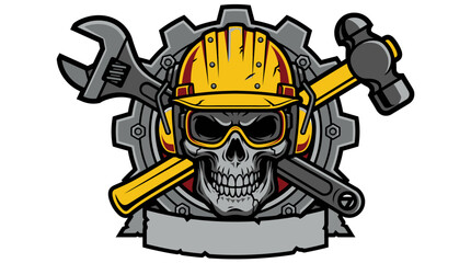 Fototapeta premium Construction Worker Skull Mascot Logo with Tools and Gear Emblem on White Background