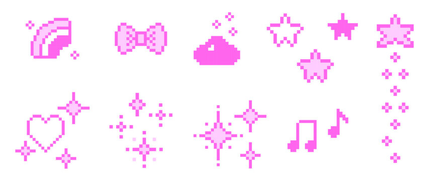 Kawaii pixel rainbow, bow, cloud, heart, music and sparkle stickers in a playful 8-bit Y2K style. Cute pink icons for social media, gaming, stickers, digital content and nostalgic graphic design