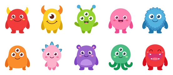 Obraz premium Cute cartoon monster character collection standing together for kids party decor | Flat vector graphic illustration