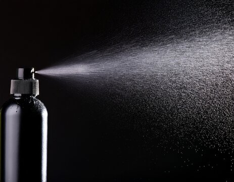 black spray bottle dispensing liquid droplets