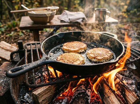 Fluffy pancakes cooking on cast iron skillet over blazing campfire grate in woods with vintage metal cup and mixing bowl on rustic wooden table in background.