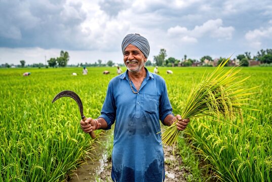 A happy Indian farmer proudly holding a sickle and rich paddy crop in a lush green field.
