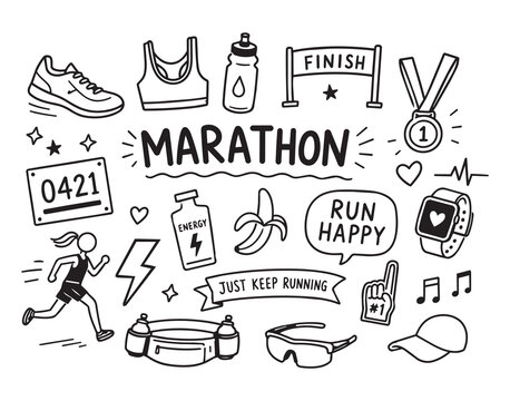 Hand drawn marathon running doodles set with runner gear icons, finish banner, medal, race bib, and motivational symbols for fitness posters, flyers, and events