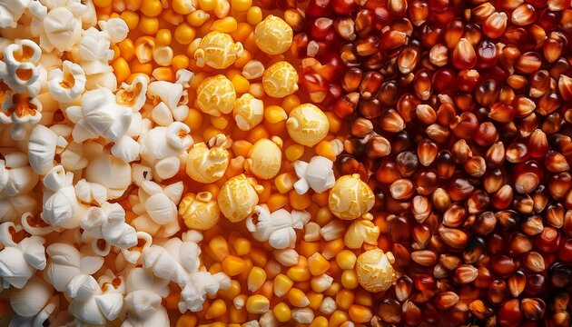 popcorn kernels and popped corn texture top view bright and colorful high detail