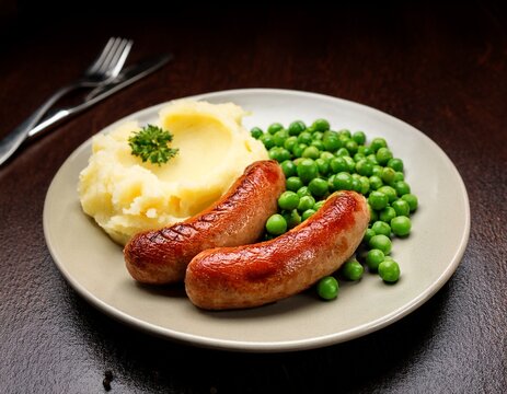 sausages with mashed potatoes and green peas on a plate