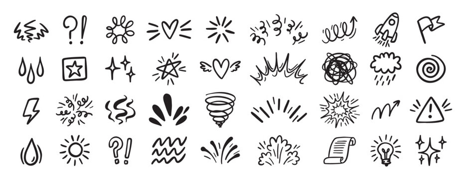 Comic effect icon set, manga doodle elements collection. Retro anime movement, exclamation and emphasis expressions. Doodle emotion of character in comic style