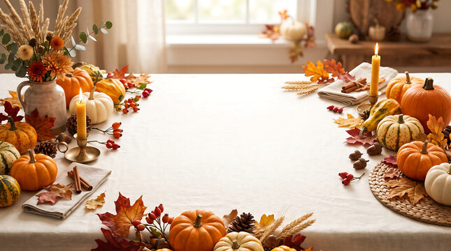 Autumn thanksgiving table runner with pumpkins candles and fall