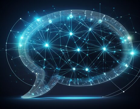 abstract speech bubble made of glowing connected digital nodes on a dark background concept for network communication and artificial intelligence technology