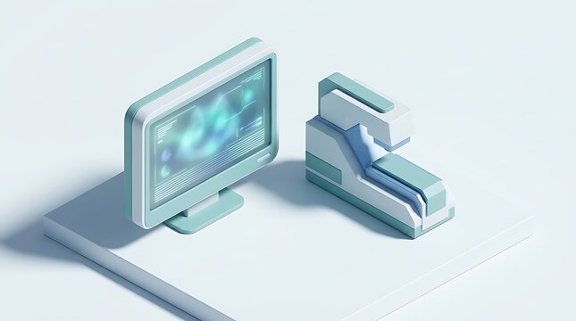 Minimalist isometric 3D illustration of a medical MRI scanner and digital computer monitor for diagnostic imaging in a modern clinical healthcare setting