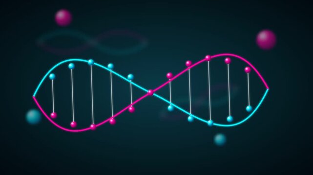 Stylized 3D DNA double helix animation featuring neon pink and cyan glowing strands with molecular nodes floating on a dark background with out-of-focus bokeh parallax elements.