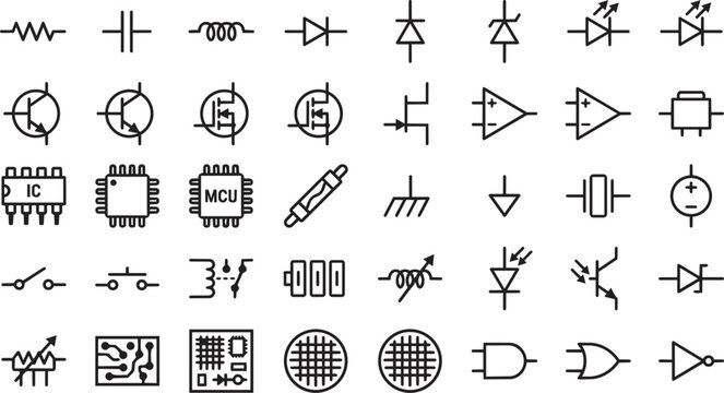 Electronic Component Circuit Symbols Line Icon Set Vector.