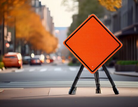 orange detour sign on tripod warns of closed street ahead at urban intersection offering copy space