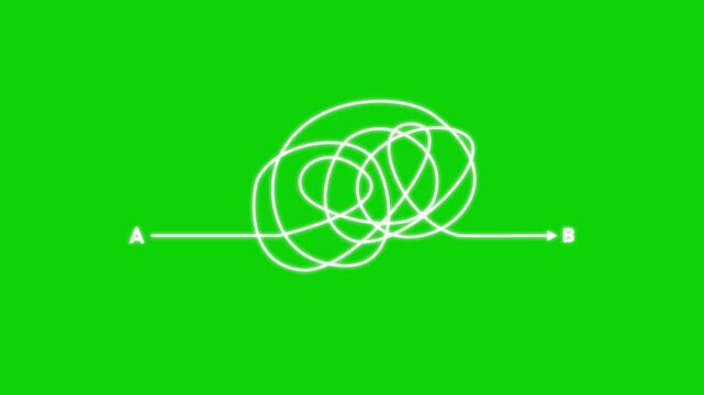 Abstract tangled looping line along horizontal A to B axis representing complexity, confusion, problem solving, process flow, uncertainty, connection, and conceptual journey across systems concept