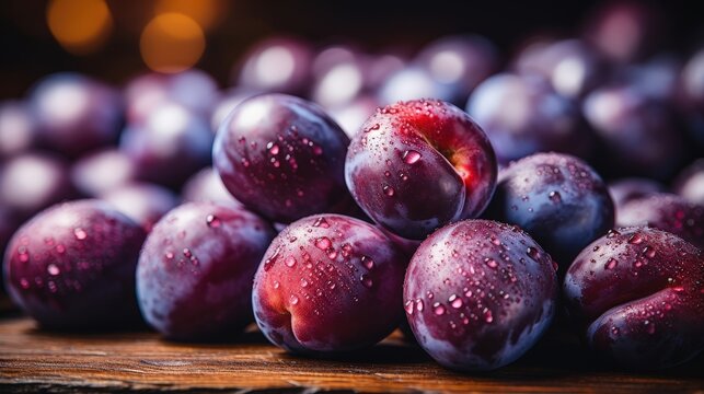 A closeup of fresh, plump plums with glistening water droplets, showcasing their vibrant purple hues and smooth, velvety skin.