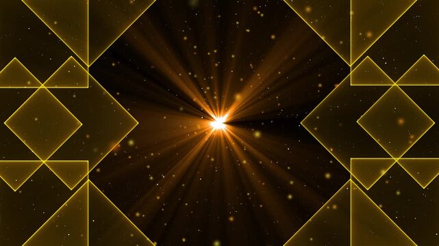 Abstract golden light burst with geometric square patterns, glowing particles, radiant centre, luxurious black background, elegant technology backdrop for celebration and design projects and branding