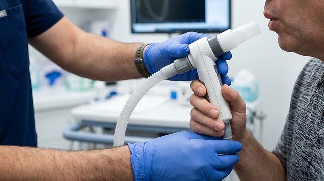 Pulmonologist administering a pulmonary function test to a male patient using a specialized medical spirometer device inside a diagnostic clinic.