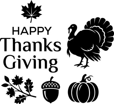 Happy Thanksgiving typography, black turkey silhouette, autumn pumpkin vector, seasonal holiday greeting design.