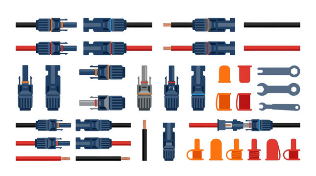 Collection of various electrical connectors and cable plugs.