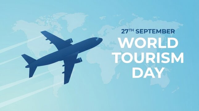 Blue airplane flying over sky celebrating World Tourism Day on 27th September