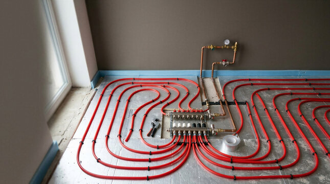 Underfloor heating system installation with red pipes in a room  