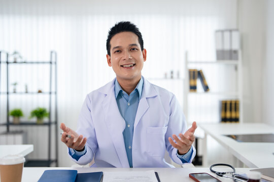 Online Video Chat by Doctor. Online medical consultation. Doctor working via video chat application
