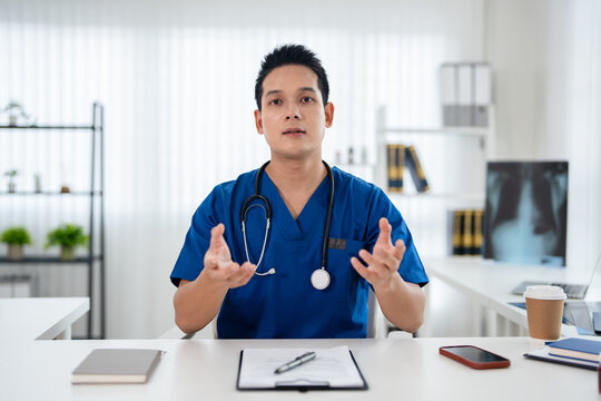 Online Video Chat by Doctor. Online medical consultation. Doctor working via video chat application