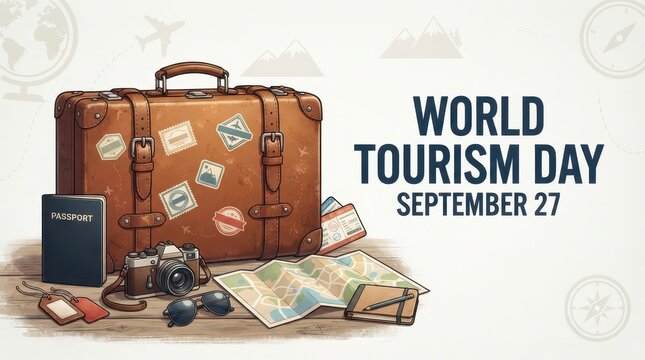 World Tourism Day illustration with vintage suitcase and travel items