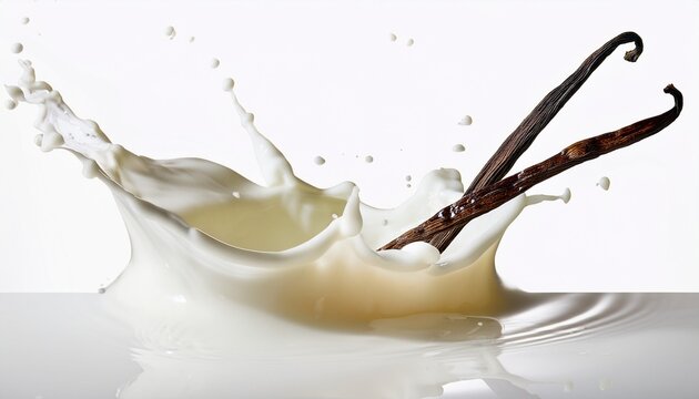 ultra quality image of asymmetrical milk splash in air with vanilla flavor isolated on white background