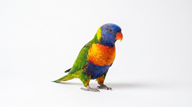 Rainbow lorikeet parrot on white background. Colorful tropical bird with vibrant plumage. Exotic australian parakeet for nature design.