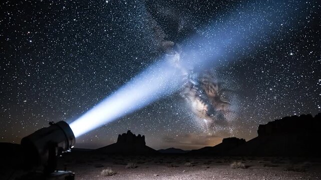 Powerful searchlight beam shining into a dark night sky filled with bright stars and glowing constellations over a silent landscape