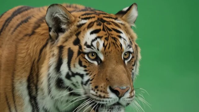 Realistic majestic tiger walking slowly across a bright green screen background for chroma key compositing in creative film projects