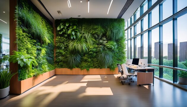 a lush vertical plant wall decorates a modern office interior with soft natural lighting this eco friendly biophilic design promotes workplace wellness and productivity