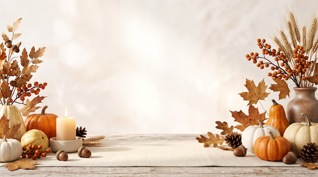 Autumn tabletop scene with pumpkins candles and fall foliage