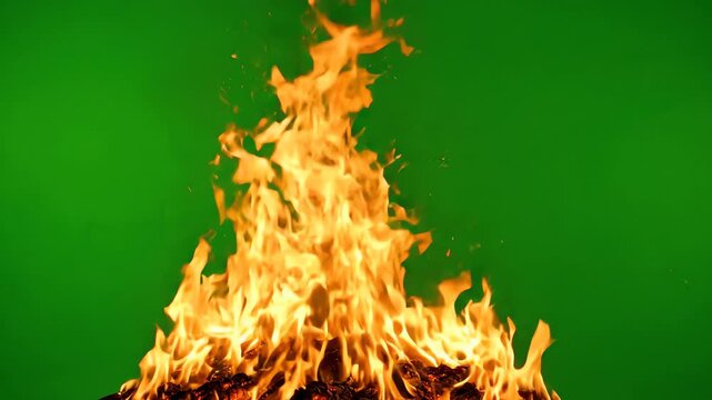 Realistic orange fire flames burning and flickering against a bright green screen background for visual effects compositing