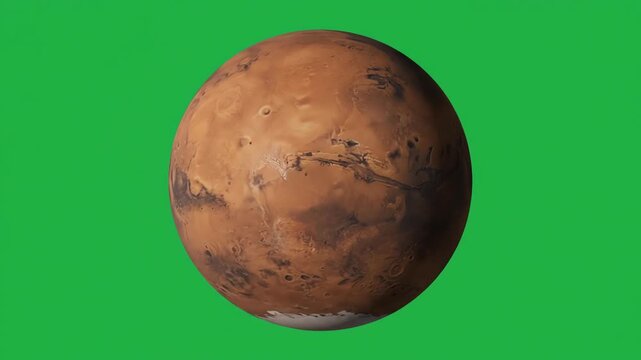 Red planet Mars slowly rotating against a chroma key green screen background for easy compositing and visual effects integration