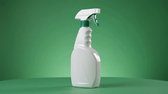 Rotating plastic spray bottle mockup with green screen chroma key background for product presentation and cleaning supplies advertising