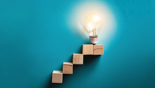 ascending staircase of idea blocks culminating in a large lightbulb representing steps to business success