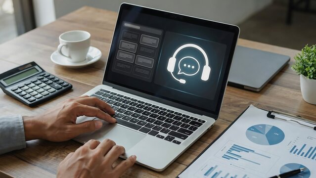 Close up of a person working on a laptop with customer service icon on screen at a wooden desk with financial charts and calculator