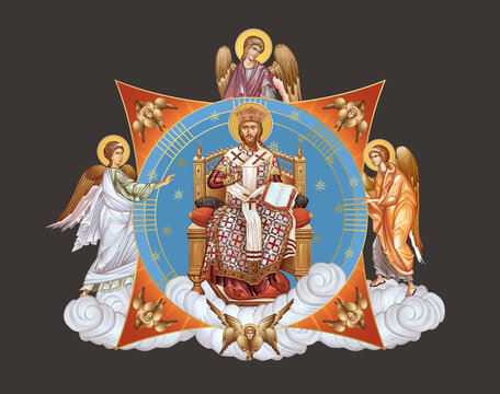 The Jesus Christ the greatest Bishop sitting on the throne. Illustration in Byzantine style with angels and seraphim