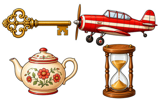 Vintage Golden Key Propeller Plane Teapot Hourglass Clipart