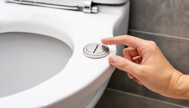 hand presses dual flush chrome button on modern white toilet tank in minimalist bathroom clean design with copy space