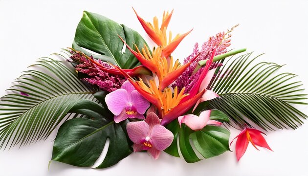 vibrant tropical flower bouquet with bird of paradise pink orchids red ginger and monstera leaves isolated on white ideal for exotic summer hawaiian and travel designs