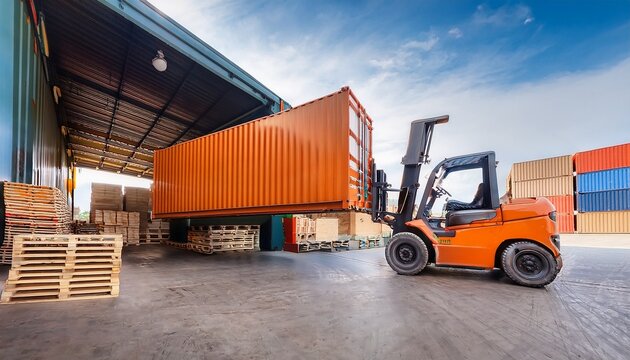 orange forklift truck loading wooden pallets into shipping container at industrial warehouse loading dock