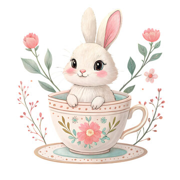 Cute bunny rabbit sits inside a decorative teacup surrounded by pastel flowers and leaves for spring celebrations.