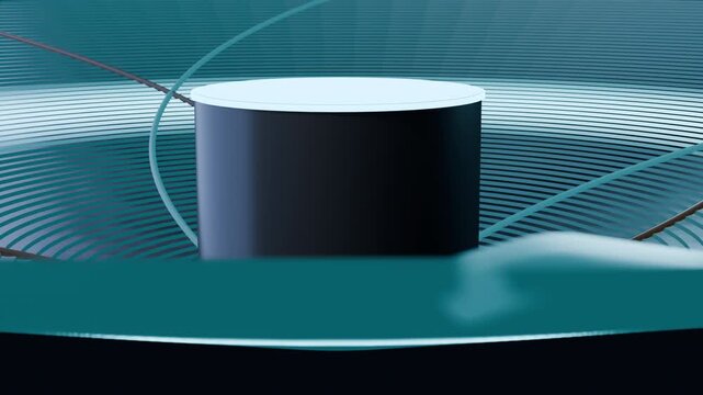 Circular Data Basin With Pulsing Cyan Platform and Amber Energy Trails